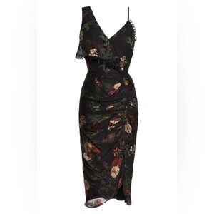 Harlyn Asymmetrical Floral Midi Dress in Black size M